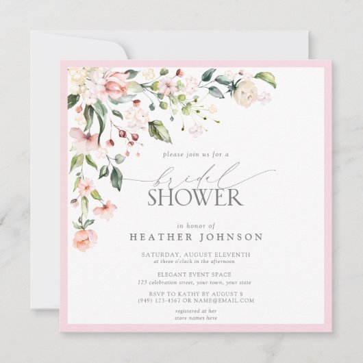 ピンクエレガントの水彩フローラブライダルシャワー 招待状 (正面)