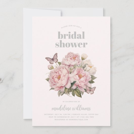 ピンクエレガントの水彩フローラブライダルシャワー 招待状 (正面)