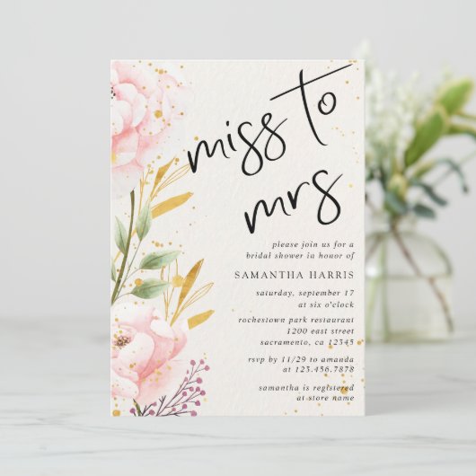 ピンクエレガントの水彩フローラブライダルシャワー 招待状 (スタンド正面)