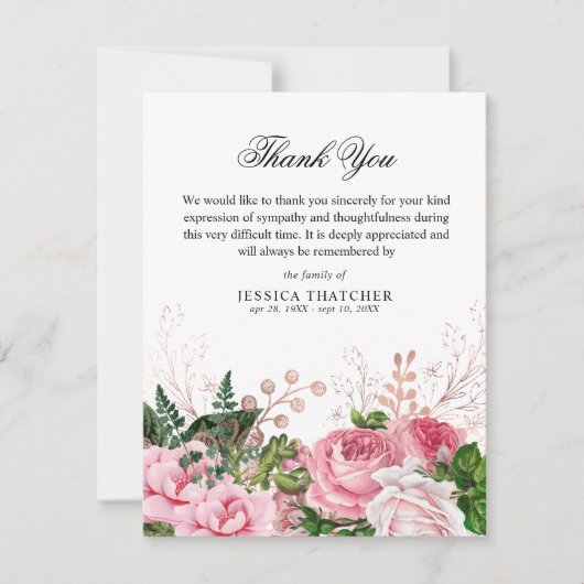 ピンクエレガントの水彩フローラメモリアル サンキューカード (正面)