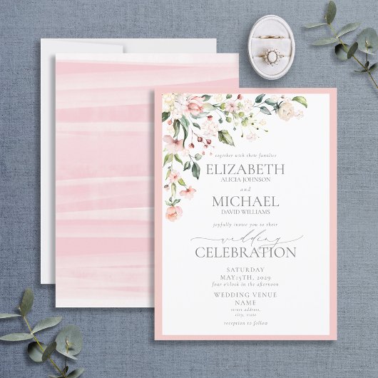 ピンクエレガントの水彩フローラ書結婚跡 招待状