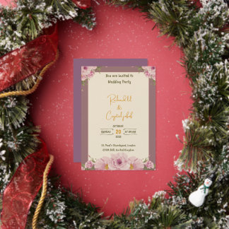 ピンクエレガントの水彩フローラ結婚式招待状 箔招待状