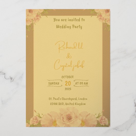 ピンクエレガントの水彩フローラ結婚式招待状 箔招待状 (正面)