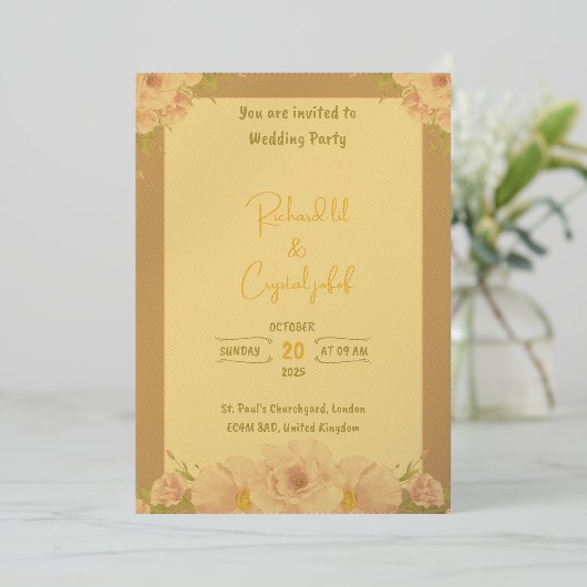 ピンクエレガントの水彩フローラ結婚式招待状 箔招待状 (立ち正面)