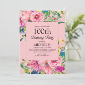 ピンクエレガントの水彩フローラ誕生日 招待状 (スタンド正面)