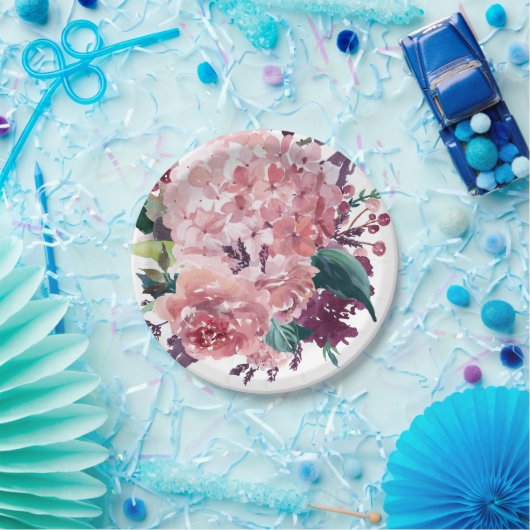 ピンクエレガントの水彩フローラ |アジサイ ペーパープレート (パーティー)