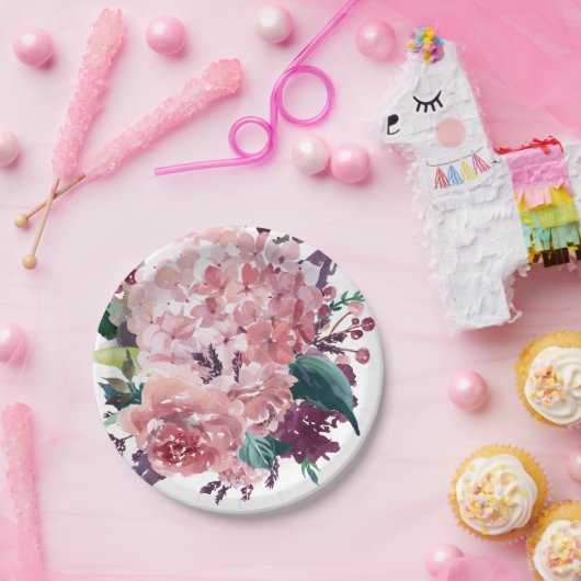 ピンクエレガントの水彩フローラ |アジサイ ペーパープレート (パーティー)