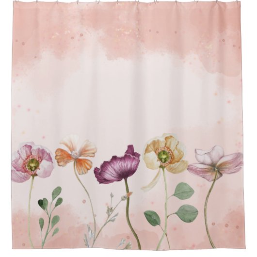 ピンクエレガントの水彩フローラ シャワーカーテン (正面)