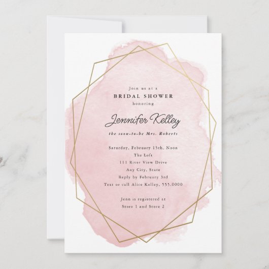ピンクエレガントの水彩ブライダルシャワー 招待状 (正面)