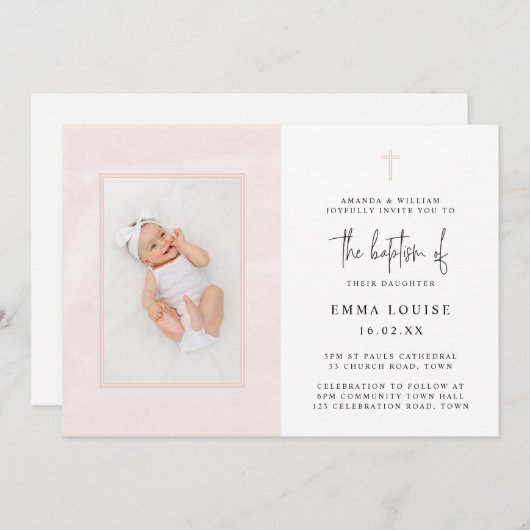 ピンクエレガントの水彩ミニマリスト写真洗礼 招待状 (正面/裏面)