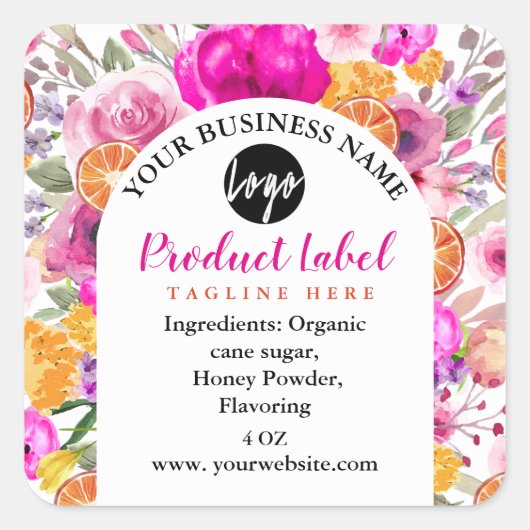 ピンクエレガントの水彩ワイルドフラワー春ラベル スクエアシール (正面)