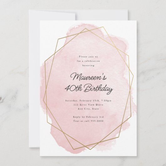 ピンクエレガントの水彩任意の年齢誕生日 招待状 (正面)