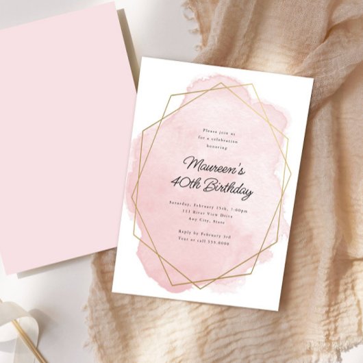 ピンクエレガントの水彩任意の年齢誕生日 招待状