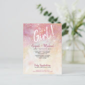 ピンクエレガントの水彩女の子の赤ちゃんシャワー ポストカード (スタンド正面)