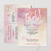 ピンクエレガントの水彩女の子の赤ちゃんシャワー ポストカード (正面/裏面)