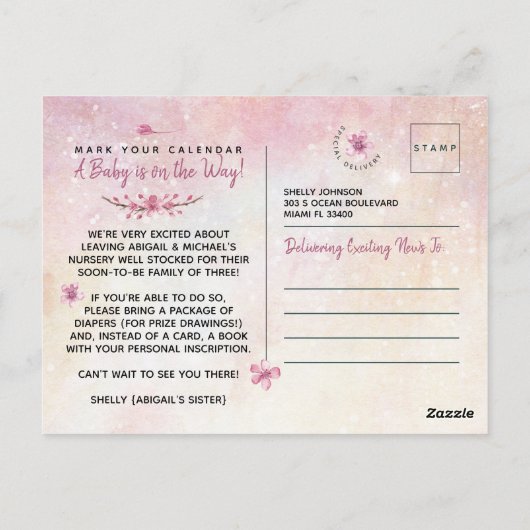 ピンクエレガントの水彩女の子の赤ちゃんシャワー ポストカード (裏面)