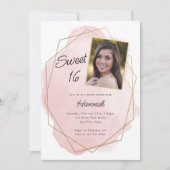 ピンクエレガントの水彩甘い16フォト誕生日 招待状 (正面)