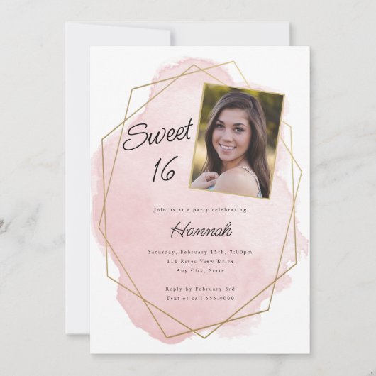 ピンクエレガントの水彩甘い16フォト誕生日 招待状 (正面)