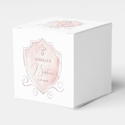 ピンクエレガントの水彩色のクレストバプティスキューブ フェイバーボックス (正面サイド)