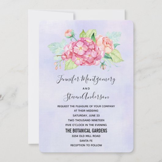 ピンクエレガントの水彩花の花束結婚の 招待状 (正面)