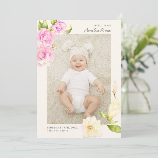 ピンクエレガントの水彩花の誕生発表 招待状 (スタンド正面)