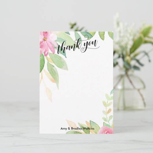 ピンクエレガントの水彩花を持つ書道 サンキューカード (スタンド正面)