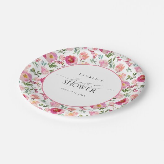 ピンクエレガントの水彩花ブライダルシャワー ペーパープレート (アングル)