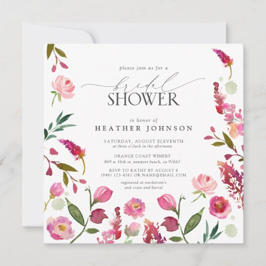 ピンクエレガントの水彩花ブライダルシャワー 招待状 (正面)