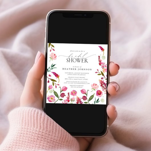 ピンクエレガントの水彩花ブライダルシャワー 招待状