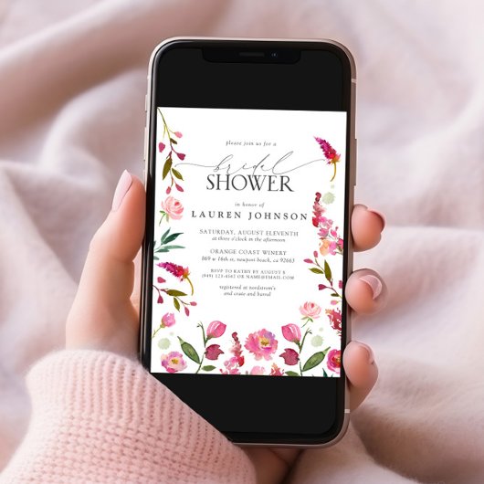 ピンクエレガントの水彩花ブライダルシャワー 招待状