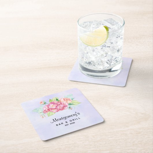 ピンクエレガントの水彩花束 スクエアペーパーコースター (インサイチュ)