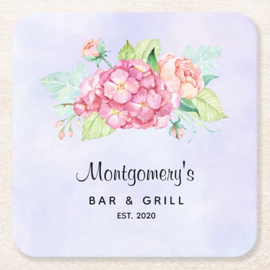 ピンクエレガントの水彩花束 スクエアペーパーコースター (正面)