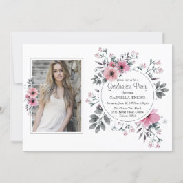 ピンクエレガントの水彩花模様写真卒業 招待状