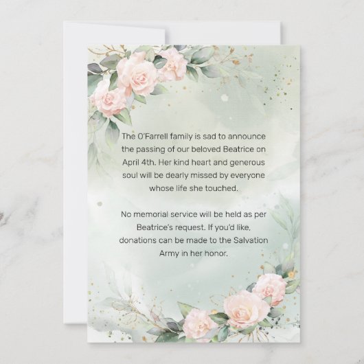 ピンクエレガントの水彩花死者発表 招待状 (裏面)