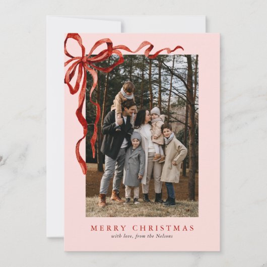 ピンクエレガントの水彩赤い弓クリスマス2写真 シーズンカード (正面)