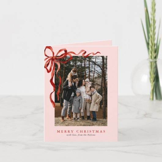 ピンクエレガントの水彩赤い弓クリスマス3写真 シーズンカード (正面)