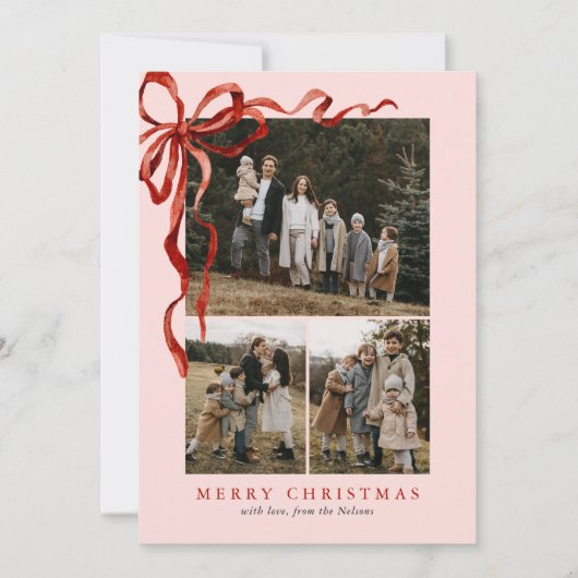 ピンクエレガントの水彩赤い弓クリスマス4写真 シーズンカード (正面)