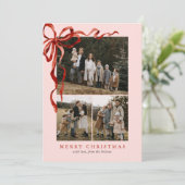 ピンクエレガントの水彩赤い弓クリスマス4写真 シーズンカード (スタンド正面)
