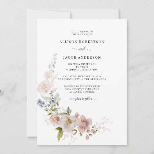 ピンクエレガントの水彩野花フローラ結婚ズ 招待状 (正面)