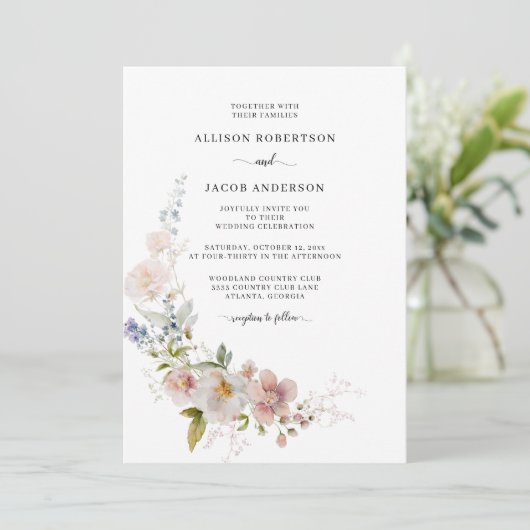 ピンクエレガントの水彩野花フローラ結婚ズ 招待状 (スタンド正面)