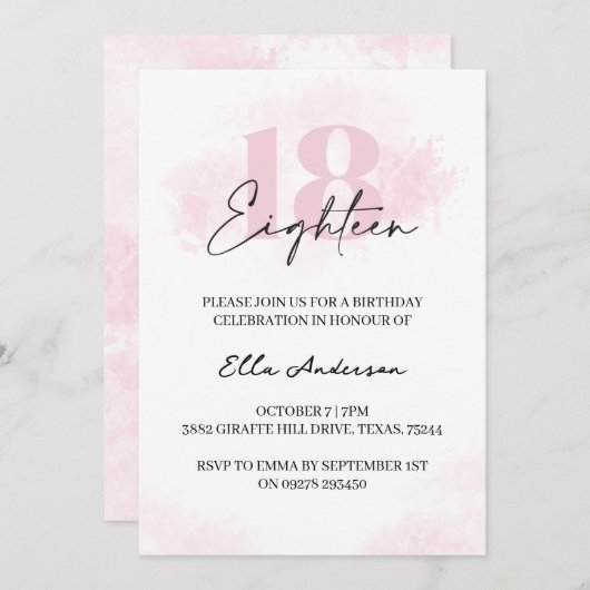 ピンクエレガントの水彩18th誕生日パーティー 招待状 (正面/裏面)