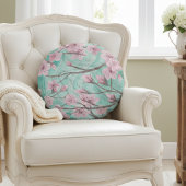 ピンクエレガントの水色のさくらんぼが咲き乱れる ラウンドクッション