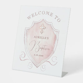 ピンクエレガントの水色のクレストバプティスウェルカム 台座サイン