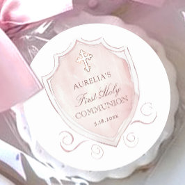ピンクエレガントの水色のクレスト最初の聖体 ラウンドシール
