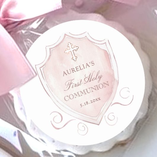 ピンクエレガントの水色のクレスト最初の聖体 ラウンドシール
