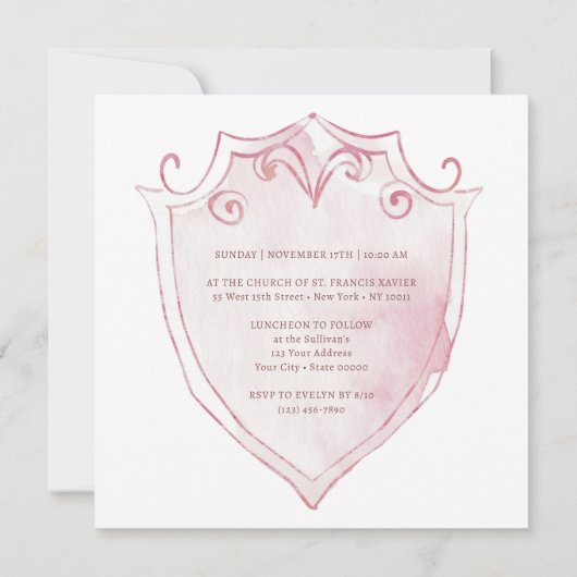 ピンクエレガントの水色のクレスト最初の聖体 招待状 (裏面)