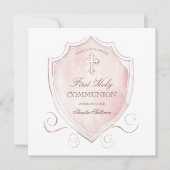 ピンクエレガントの水色のクレスト最初の聖体 招待状 (正面)