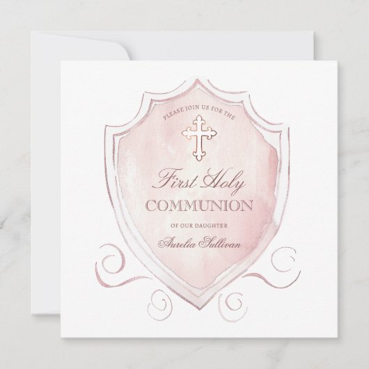 ピンクエレガントの水色のクレスト最初の聖体 招待状 (正面)