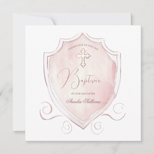 ピンクエレガントの水色のクレスト洗礼 招待状 (正面)