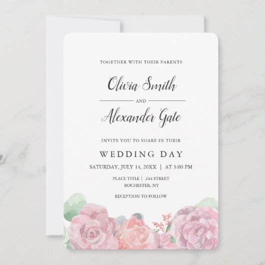 ピンクエレガントの水色のバラ結婚ズ 招待状 (正面)